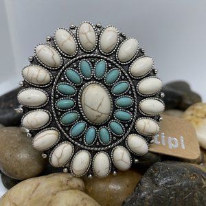 Southwest Turquoise White Buffalo large concho stone silver cuff bracelet Oval